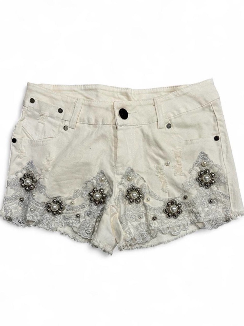 NWT Han Chao Xuan Pearl Lace Embellished White Denim Shorts S